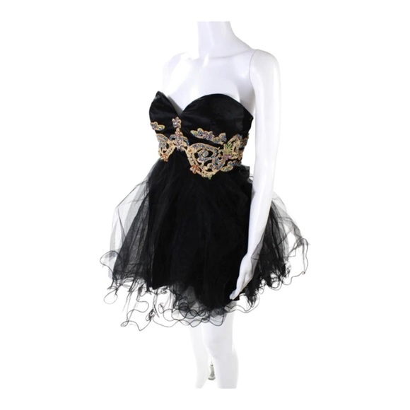 SHERRI HILL Black Gold Embroidered Tulle Strapless Mini Cocktail Dress Size 2 - Picture 6 of 10